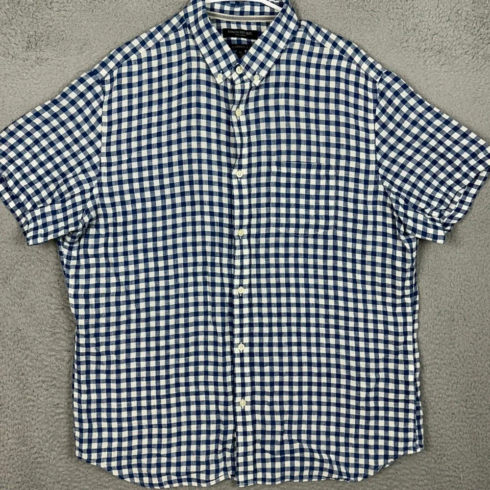 Banana Republic Linen Shirt Mens XL Camden Fit Blue Gingham Button Down Pocket
